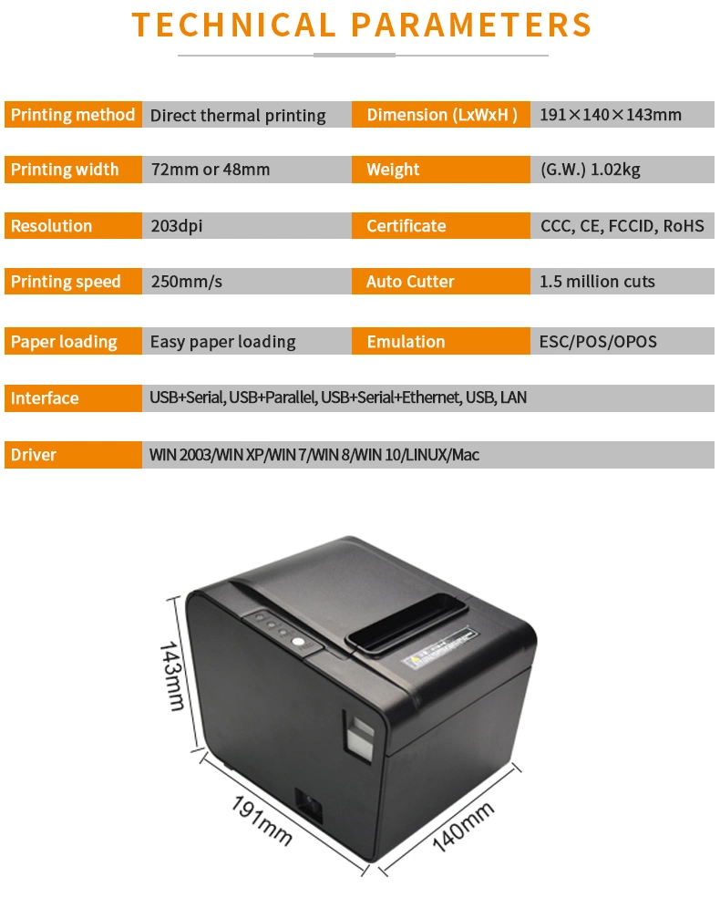 80mm USB+Ethernet+Serials Portable Desktop Direct Thermal Transfer Barcode Label Receipt Printer