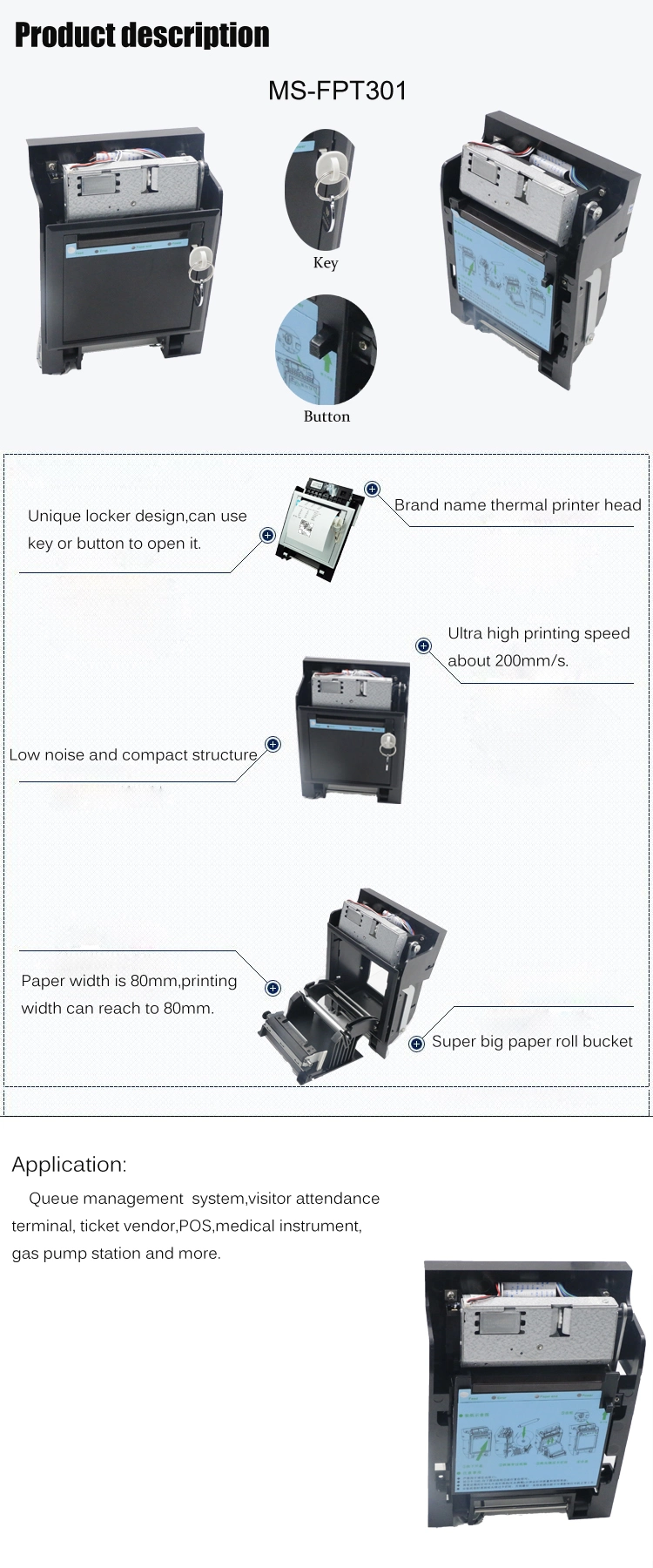 80mm RS232/Ttl USB Embedded Panel Receipt Printer 2inch Thermal Kiosk Printer with Key