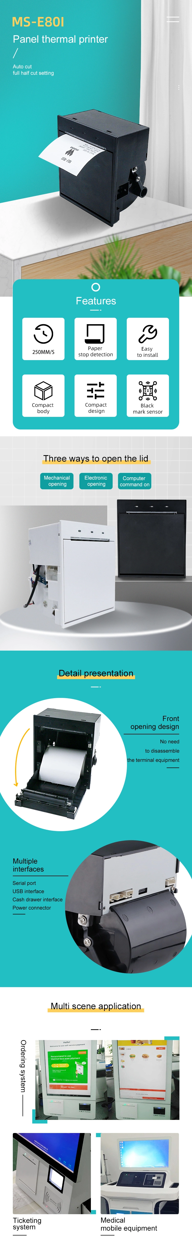 3 Inch 80mm POS Kiosk Embedded Thermal Receipt Printer Auto Cutter 160mm/S Mounted Panel Thermal Panel Printer