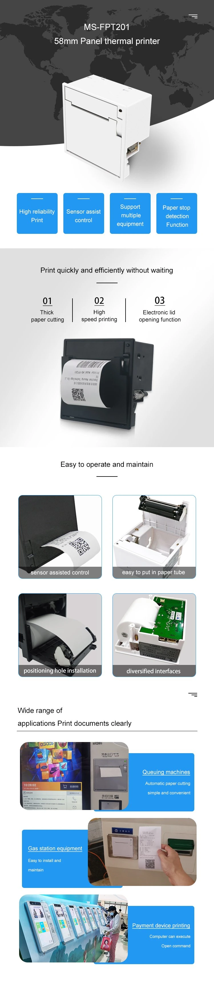 RS232c USB 100mm/S Ticket Receipt 58mm Thermal Panel Printer with Auto Cutter